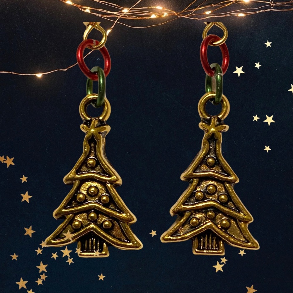 Hand Crafted Earrings Tree Gold Dangle Red Green Jewelry Christmas Xmas Pierced - Picture 3 of 5